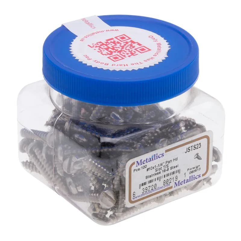Tapping Screw, Stainless Steel material, #10 Size, 1-1/4 in. length, Pan head, Slotted drive type, 100 per pack, 18-8 grade