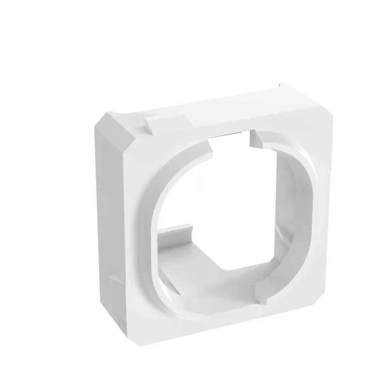 The Mini-Com Faceplate Adapter accepts one Mini-Com Module. The adapter mounts to a Clipsal or HPM faceplate opening to add Mini-Com connectivity. It is white.