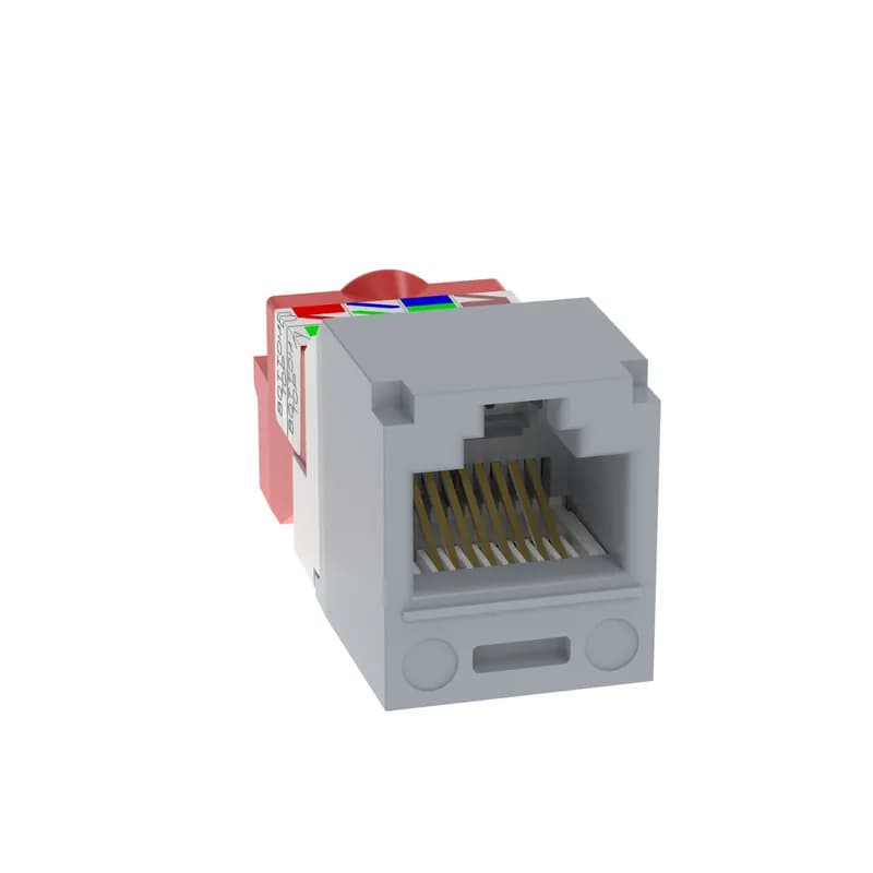 The Mini-Com Cat 5e UTP RJ45 TP-Style Jack Module is designed to terminate 4-pair, 22-24 AWG twisted pair cable. Each module is 100% factory tested for continuity. Contacts are plated with 50 microinches of gold for superior performance. Jack modules are compatible with Mini-Com Modular Patch Panels and Faceplates. The jack module is International Gray.