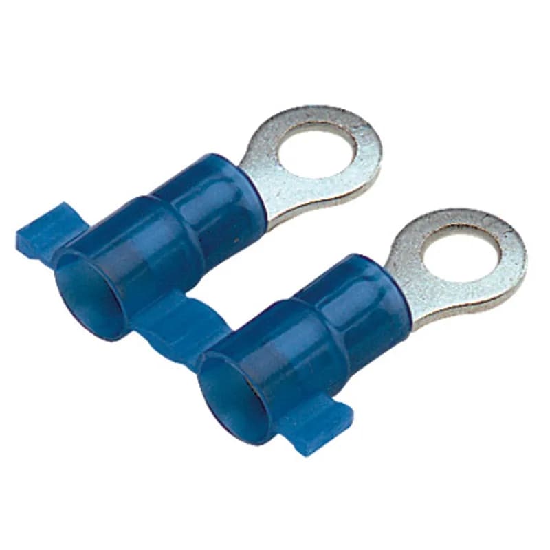 Ring Terminal, nylon insulated, metal sleeve, 16 14 AWG, #4 stud size.