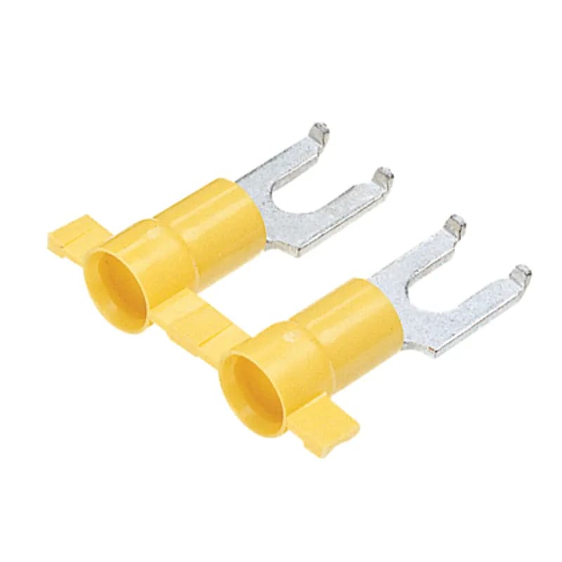 Flanged Fork Terminal, vinyl insulated, funnel entry, plastic insulation crimp, 12 - 10 AWG wire range, #8 stud size.