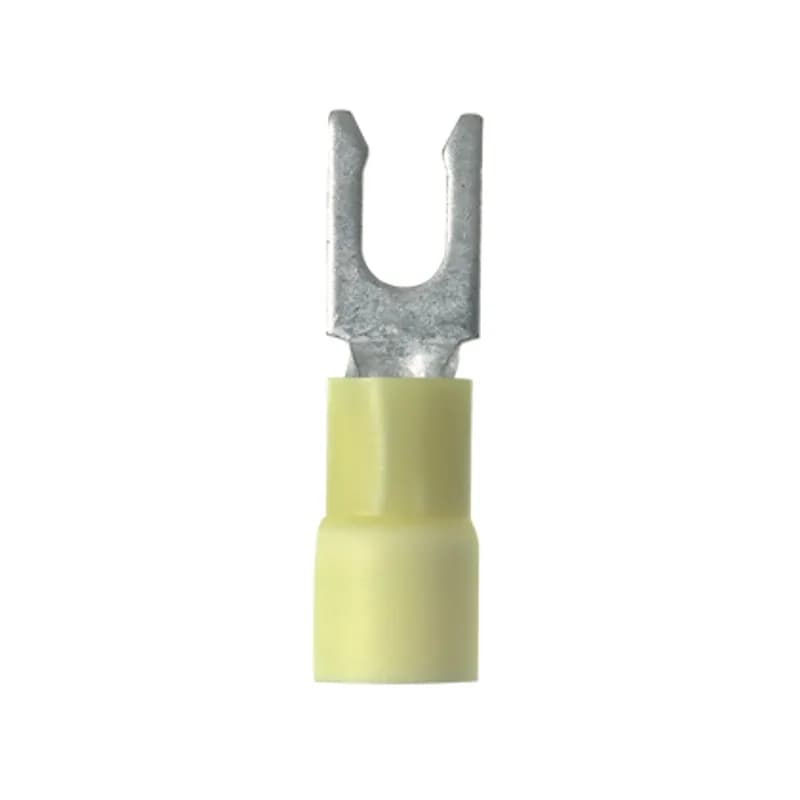 Locking Fork Terminal, vinyl insulated, 12- 10 AWG, #8 stud size, expanded insulation for large wire O.D., standard package.