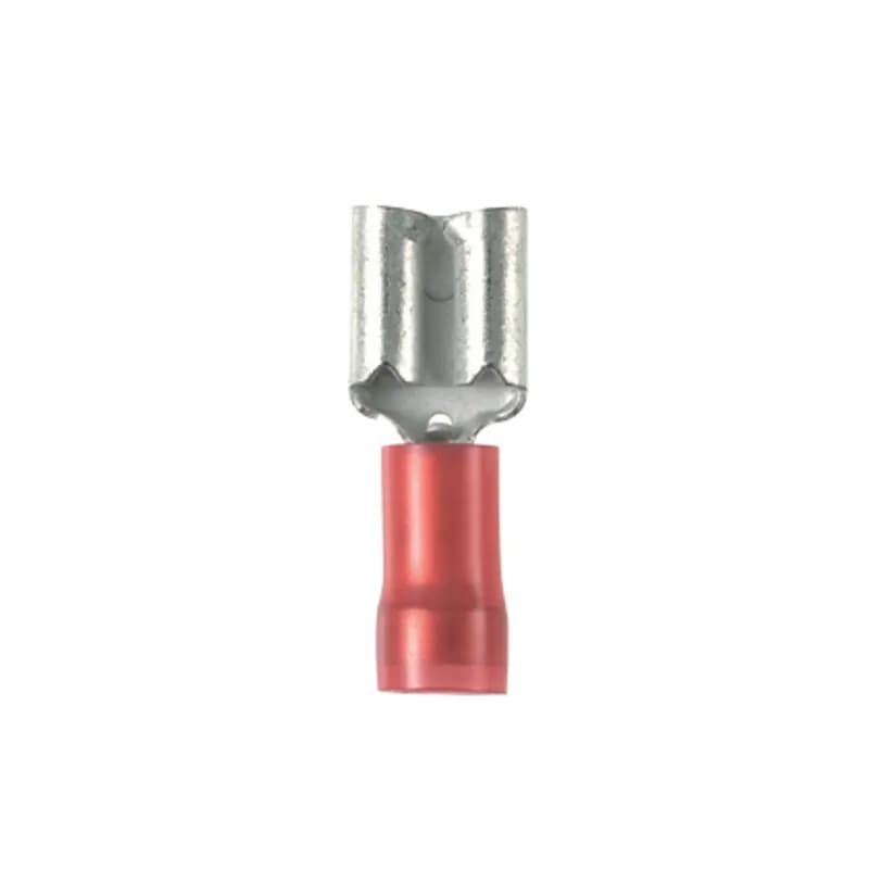 The vibration resistant female disconnect is made of brass and is tin-plated. It is barrel insulated in a red, nylon housing. It has a tab size of 0.187 x 0.032" (4.8 x 0.8 mm) and supports a wire range of 22-18 AWG (0.5-1.0 mm ). It is 0.76" (19.3 mm) long and 0.23" (5.9 mm) wide. The disconnect has a funnel entry barrel configuration and an insulation grip sleeve barrel. It comes in boxes of 1000.