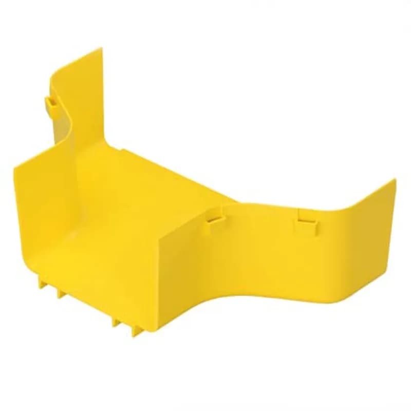 The fitting attaches any 12x4 FiberRunner Fitting or Channel to any 6x4 FiberRunner Fitting or Channel. It is yellow and made of ABS plastic. It accepts split cover FRRF126SCYL.
