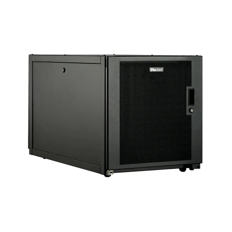 Enterprise cabinet, 12 RU, single hinge perforated front and rear doors with keyed swing handles, (2) solid single piece side panels with1/4 turn locks, and casters. Flat packaged. Dimensions: 25.7H x 23.5W x 42.0D (654mm x 600mm x 1070mm). Color: Black