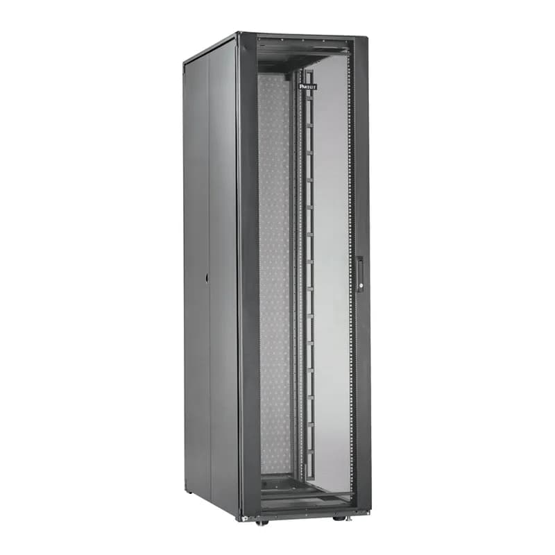 Net-Access S-Type Cabinet - 600mm x 45RU x 1070mm, front single hinge perf door, rear split perf door, (2) side panels, rear cable management, POU Brackets, casters, black.