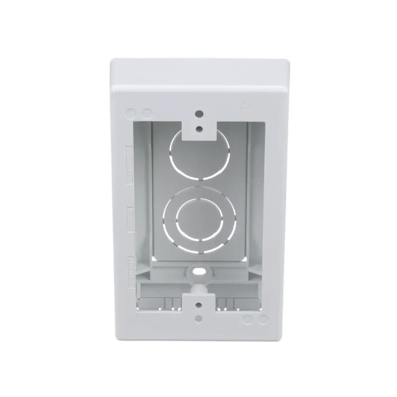 The low voltage junction box for Surface Raceway is a one gang snap together outlet box designed for low voltage applications. It is made to be used with the T45 or LD profile raceway. It accepts Pan-Way Screw-On Faceplates or any NEMA standard single gang faceplate. It measures 5 inches L x 3.26 inches W x 1.62 inches H (127.1mm x 82.7mm x 41.1mm). It is made of PVC material and is White.