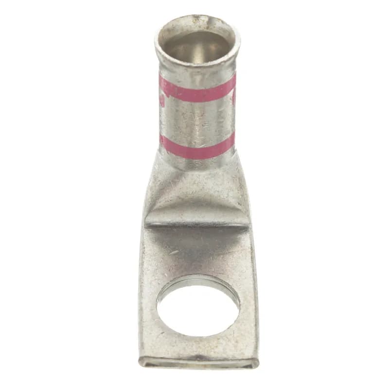 One-hole, flared barrel, #1 AWG wire, 1/2 stud hole, 90 angle tongue.
