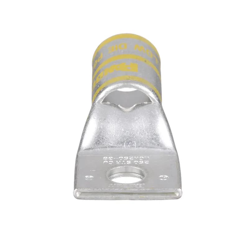 The LCA250-38-X Tin-Plated Copper Compression Lug, one-hole, standard barrel, has color-coded barrels marked with Panduit and specified competitor die index numbers for proper crimp die selection. An inspection window aids to visually assure full conductor insertion, and the tin-plate material helps to inhibit corrosion. UL Listed and CSA Certified to 35 KV and temperature rated to 90 C