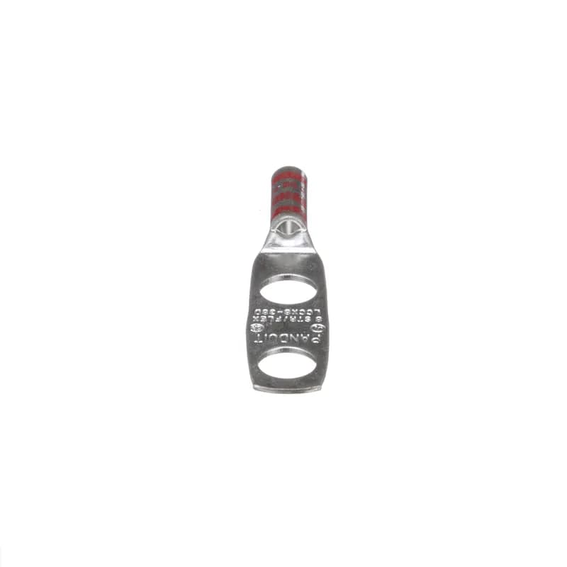 Panduit LCCX8-38D-L - Two-hole, flex lug, long barrel, #8 AWG wire, 3/8 stud hole, 1 hole spacing.