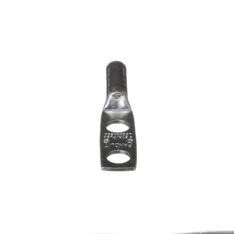 Two-hole, flex lug, long barrel, #4 AWG wire, 3/8 stud hole, 1 hole spacing.