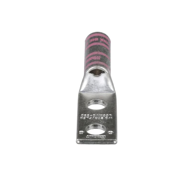 Panduit LCCX1/0-38D-X - Two-hole, flex lug, long barrel, 1/0 AWG wire, 3/8 stud hole, 1 hole spacing.