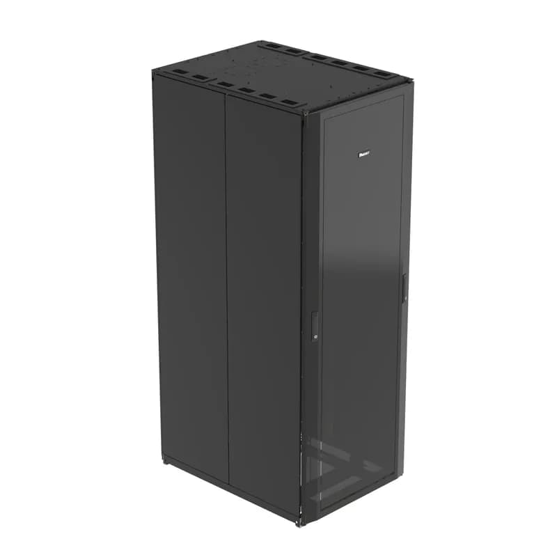 The Net-Access N-Type Network Cabinet is a 48 RU, 800mm W x 1070mm D cabinet. The front door is dual hinged perforated and opens to the left or right. It features split perforated rear doors that open in the middle to minimize door swing footprint. The cabinet has two solid side panels and two sets of cage nut equipment mounting rails. It includes two sets of SN25F fingers. It is 88.5" H x 31.5" W x 42" D. It is made of powder-coated steel and available in black.