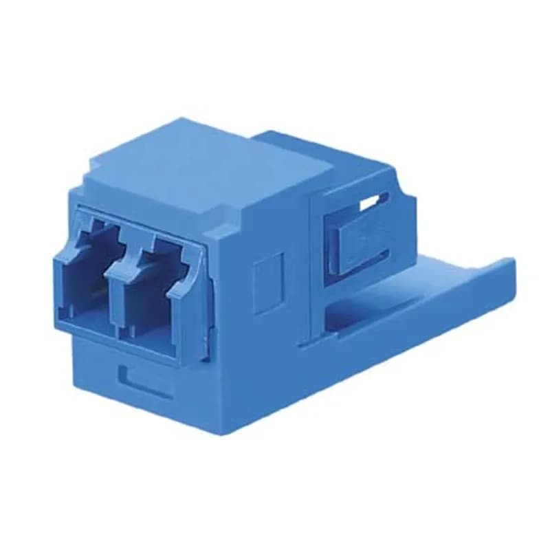 The Mini-Com Duplex LC Adapter is a small form factor (SFF) adapter with integrated panel retention clips and are TIA/EIA-605 FOCIS-10 compatible. It couples two LC duplex connectors in one module space and features a blue fiber adapter and arctic white module.