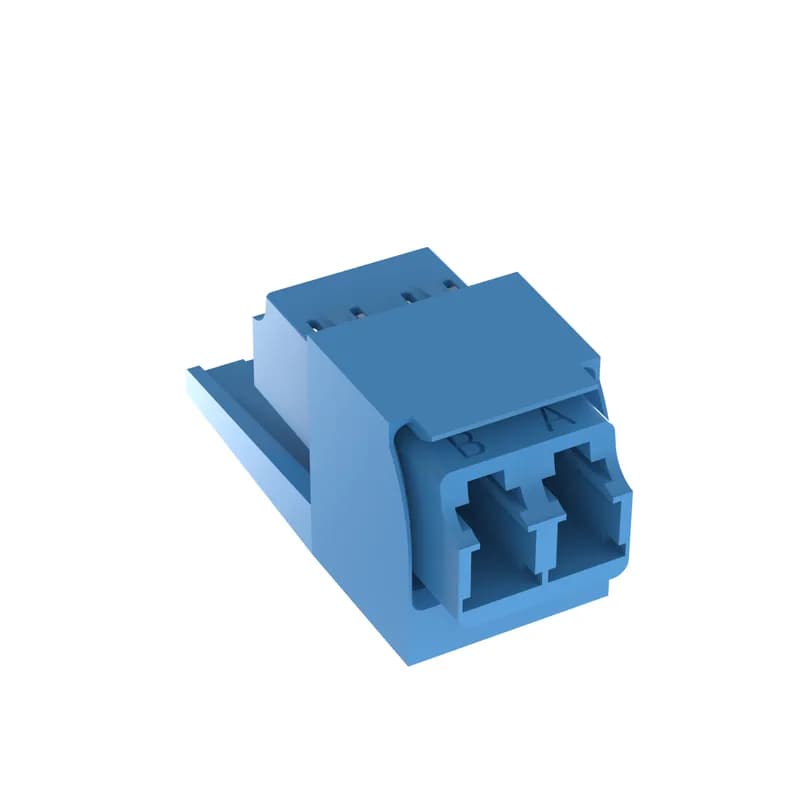 The Mini-Com Multimode Duplex LC Adapter is a small form factor (SFF) adapter with integrated panel retention clips and are TIA/EIA-605 FOCIS-10 compatible. It connects two LC connector pairs in one module space and features a blue fiber adapter and white module.