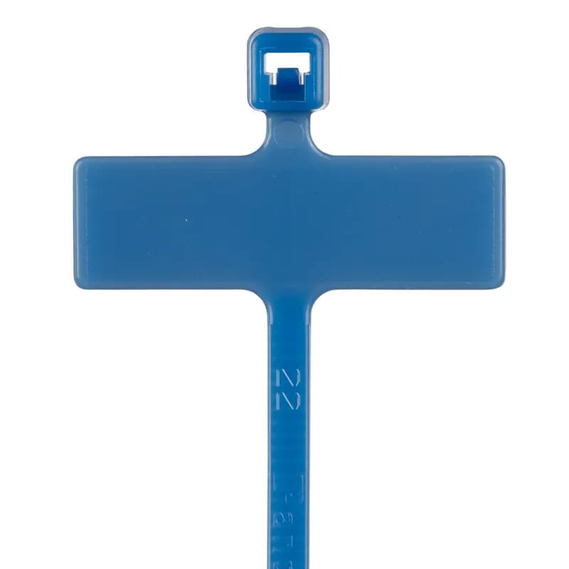 Pan-Ty marker tie, wrap, miniature cross section, 8.0 (203mm) length, .26 x .95 (6.6 x 24.1mm) marker write-on area, nylon 6.6, blue.