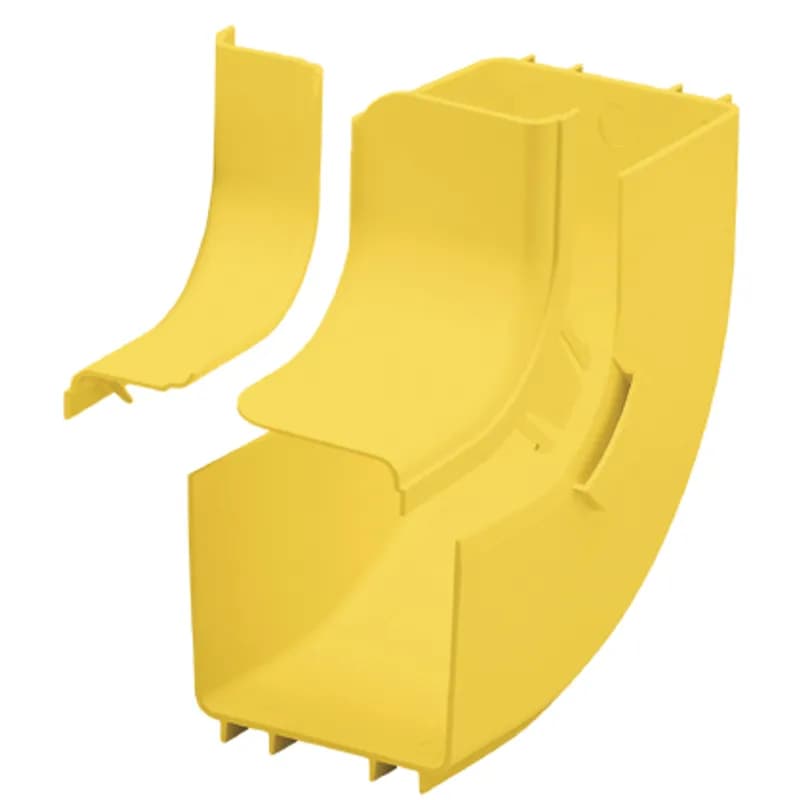 Attaches to 4x4 channel and/or fittings to create a 90 upward angle from a straight horizontal run. Used with outside vertical 90 angle fitting FROVRA4X4YL to change level of a straight horizontal run. Includes split cover.