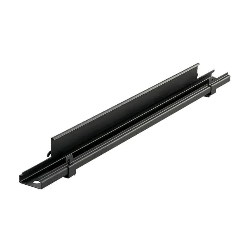 The black powder coated bracket is 2.41" (61.2 mm) high, 28.5" (723.9 mm) long, 2.04" (51.8 mm) wide, and 28.5" (723.9 mm) deep. It is designed to support a 24" (609.6 mm) wide Wyr-Grid Pathway from the ceiling using a pair of 1/2" (12 mm) threaded rod drops. The hardware for attaching the bracket to a threaded rod is sold separately. The black powder coated bracket comes in standard packages of one.