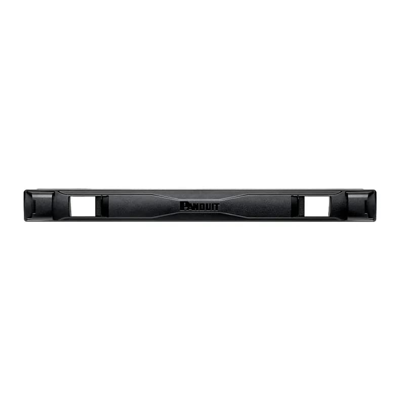 Tool-less blanking panel with Pass-Through Areas, 1 rack unit, no Panduit logo, 19" (483mm) width for 3/8" cage nut holes (may be used with or without cage nuts installed). Color: Black