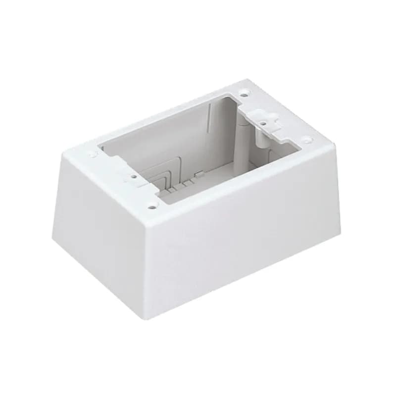 Single gang two-piece screw together intermediate outlet box. Box accepts Pan-Way Screw-On Faceplates or any NEMA standard single gang faceplate. For use with Pan-Way LD profile raceway. 5.12in L x 3.38in W x 2.27in H (130.2mm x 86.0mm x 57.7mm). Breakouts for 1/2in or 3/4in diameter conduit, International Grey.