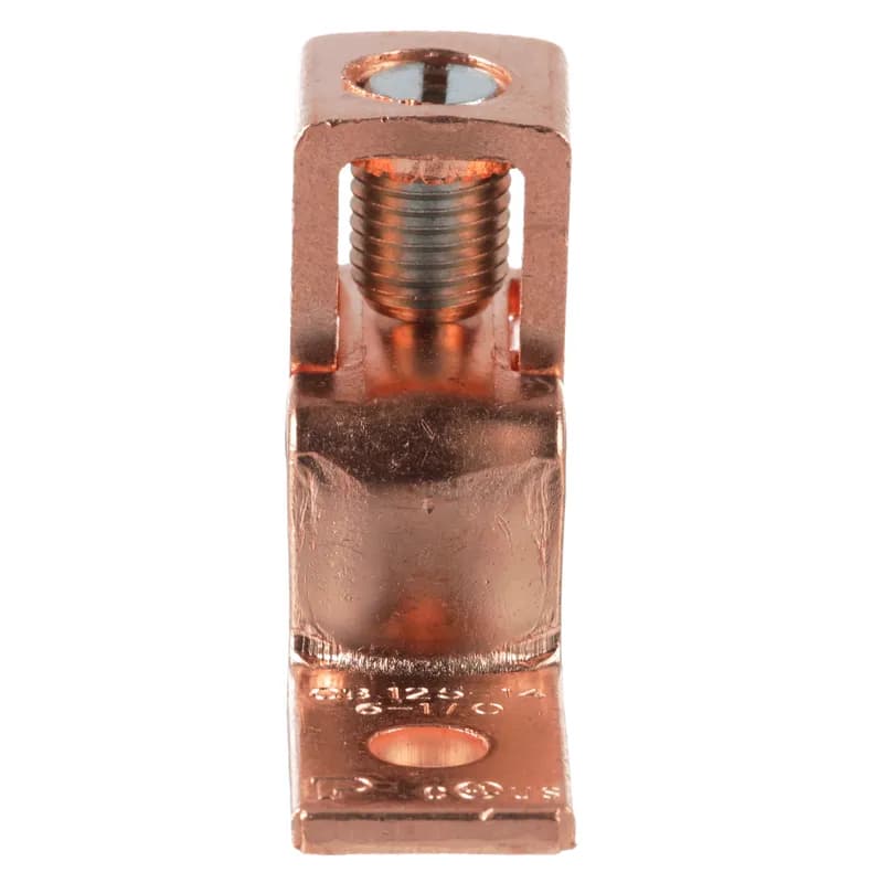 One-hole, copper, single barrel, offset floating tongue lug, #6 - 1/0 AWG, 1/4 (6.4mm) stud hole.