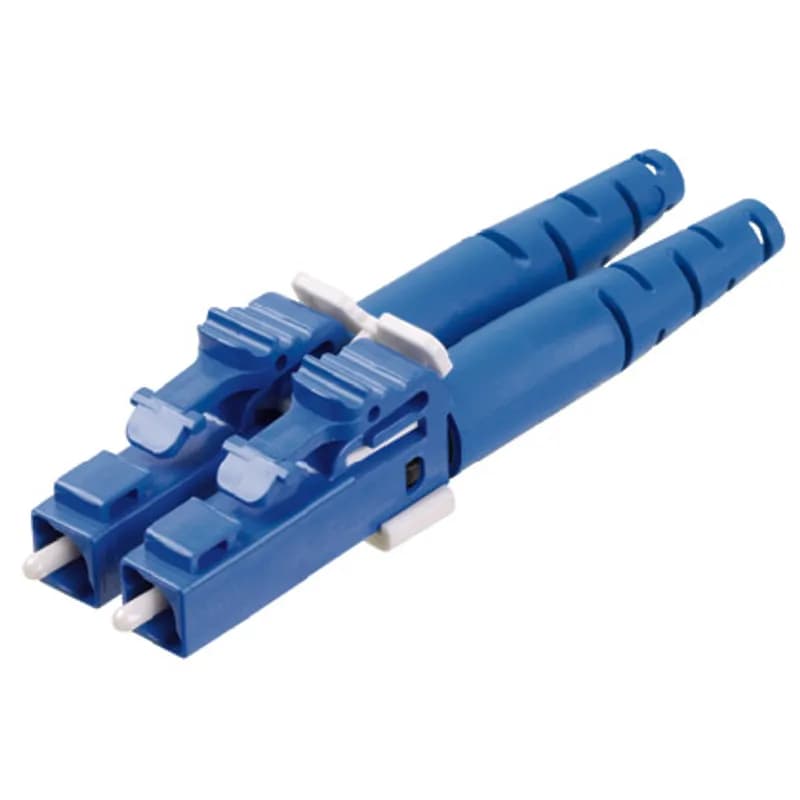 The duplex field polish LC Fiber Optic Connector is intended for installation onto singlemode 9/125?m, 1.6mm jacketed fiber. The LC connector has a blue body with a blue 1.6mm boot.
