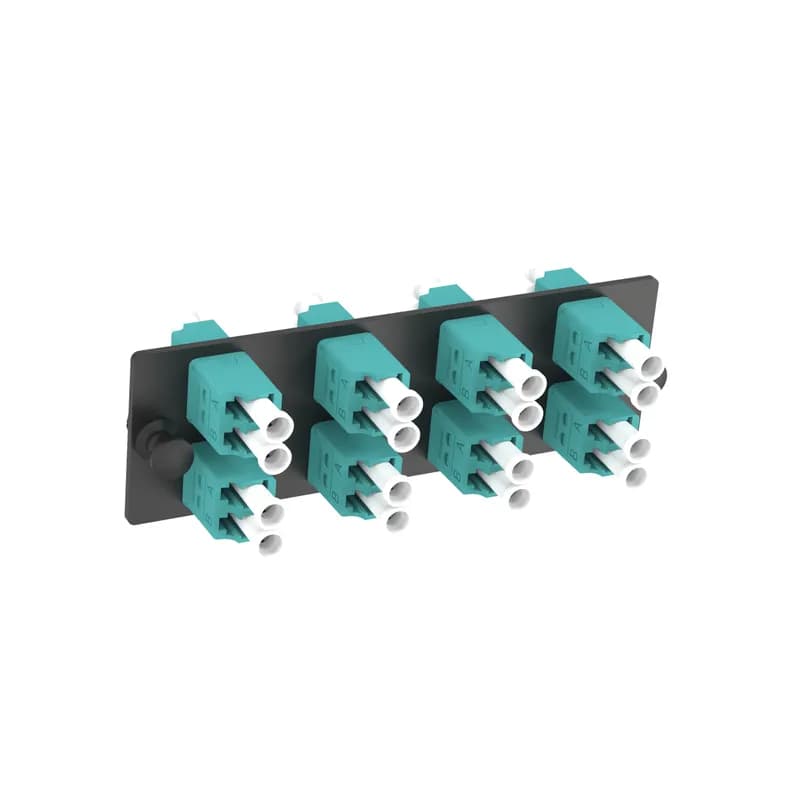 The Opticom LC fiber adapter panel is OM4 and is loaded with 8 LC duplex fiber optic adapters. The fiber optic adapters are aqua with zirconia split sleeves.