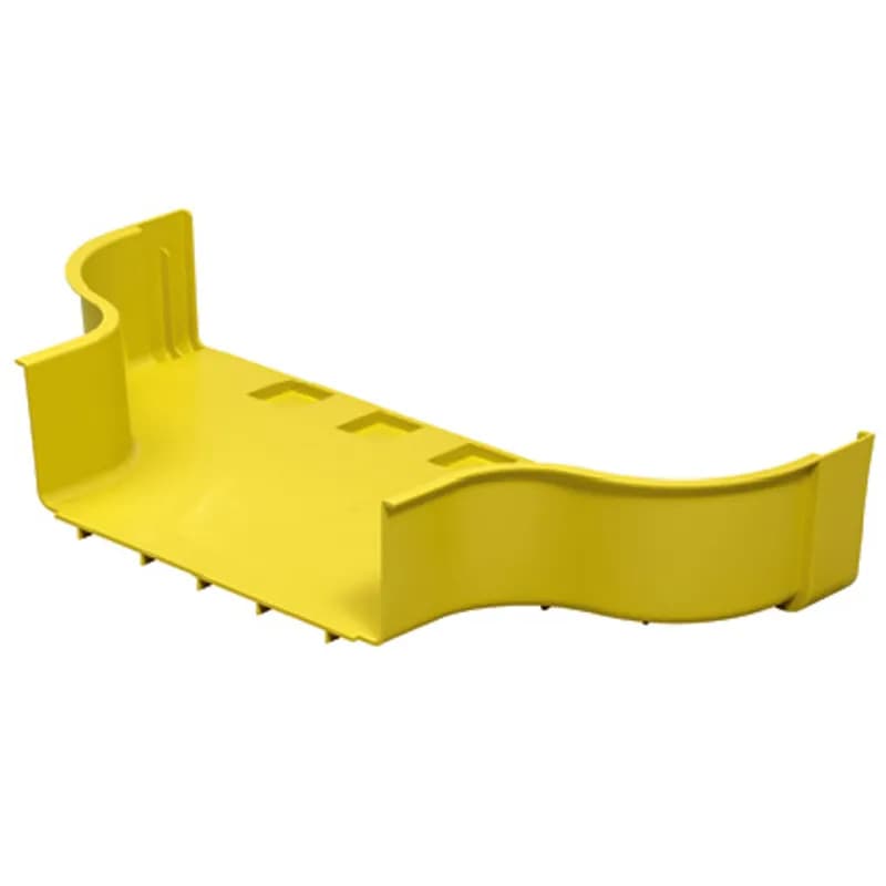 The fitting attaches any 24x4 FiberRunner Fitting or Channel to any 12x4 FiberRunner Fitting or Channel. It is yellow and made of ABS plastic. It accepts cover FRRF2412CVYL.