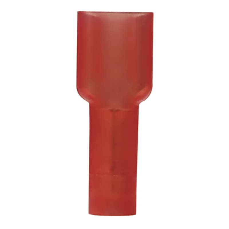 The Supra-Grip female disconnect is made of brass and is tin-plated. It is fully insulated in red nylon. It has a tab size of 0.250 x 0.032 (6.3 x 0.8 mm) and supports a wire range of 22-18 AWG (0.5-1.0 mm ). It is 0.93" (23.6 mm) long and 0.35" (8.9 mm) wide. The disconnect has a double crimp funnel entry barrel configuration and a butted seam barrel with an integrated metal insulation grip. It comes in bottles of 50.