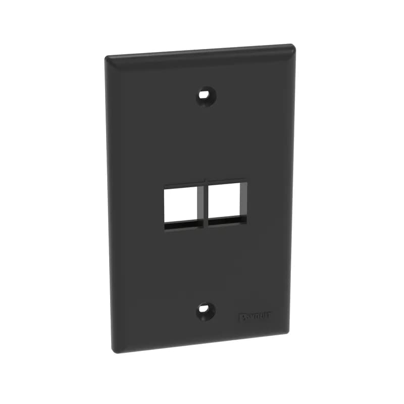 The NetKey Faceplate accepts two keystone modules. The faceplate is single gang and mounts to a NEMA standard single gang opening. The faceplate can be identified with an adhesive label, and is black.