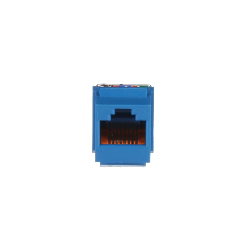 The NetKey Cat 5e UTP RJ45 Leadframe Keystone Jack Module is designed to terminate 4-pair, 22-24 AWG twisted pair cable. Each module is 100% factory tested for continuity. Contacts are plated with 50 microinches of gold for superior performance. Jack modules are compatible with keystone interfaces including NetKey Faceplates, Modular Patch Panels, and Surface Mount Boxes. This jack module is blue.