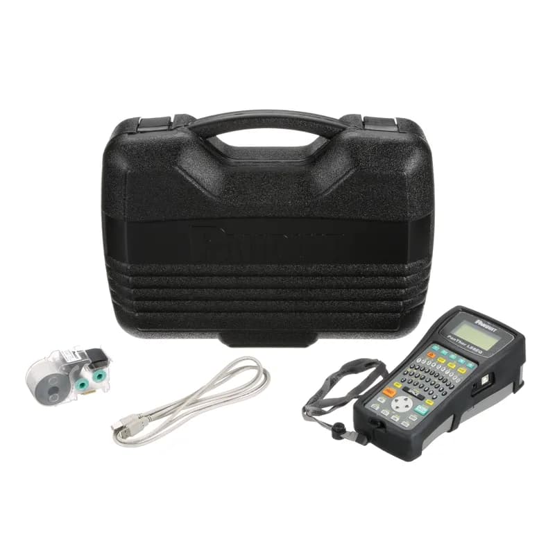 Panduit LS8EQ-KIT - The PanTher LS8EQ Hand-Held Thermal Transfer Printer with QWERTY keypad kit contains the hand-held printer, PANTHERLINK software, one cassette of S100X150VAC self-laminating labels, six AA alkaline batteries, the LS8-CASE rigid carrying case, the LS8-PCKIT USB cable and PC interface software, the LS8-IB protective impact bumper, the LS8-WS wrist strap, a quick reference card, and an operator's manual.