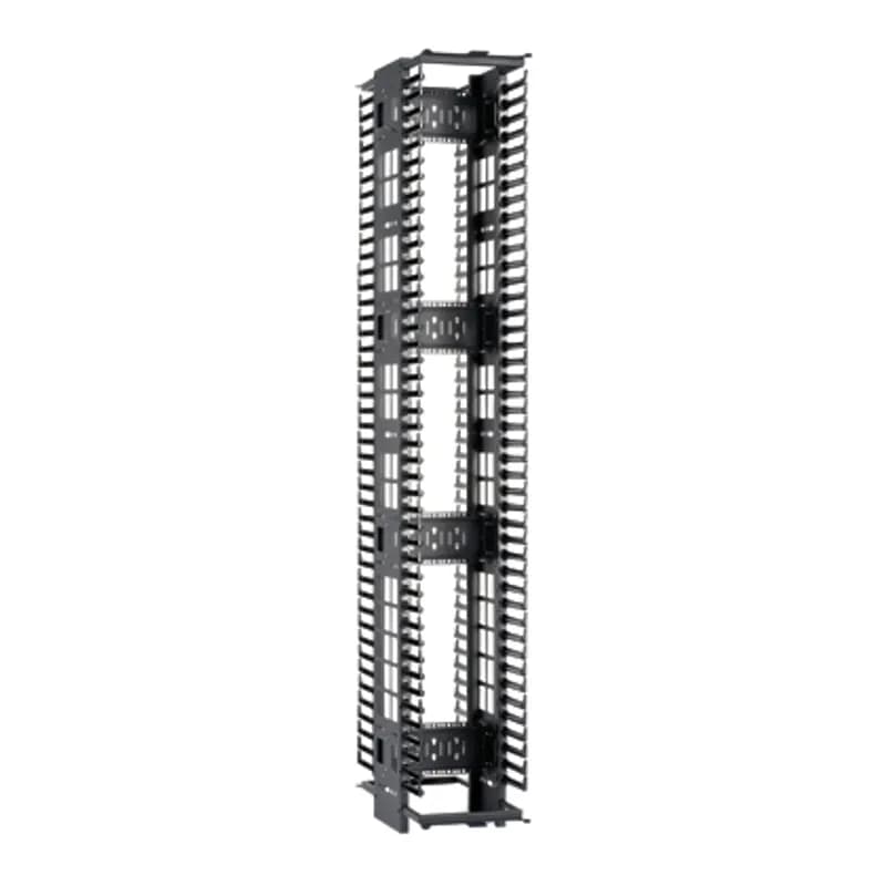 The Panduit PatchRunner High Capacity Vertical Cable Manager organizes, protects and showcases high-density cabling for the latest high-performance enterprise switching equipment. Not only do wide and deep features provide for Category 6A cables, but Integral EIA zero RU mounting capabilities also allow equipment to be patched to the manager, freeing up valuable RU space. Dual-sided, Steel, 45RU, Black, 1pc, Black.