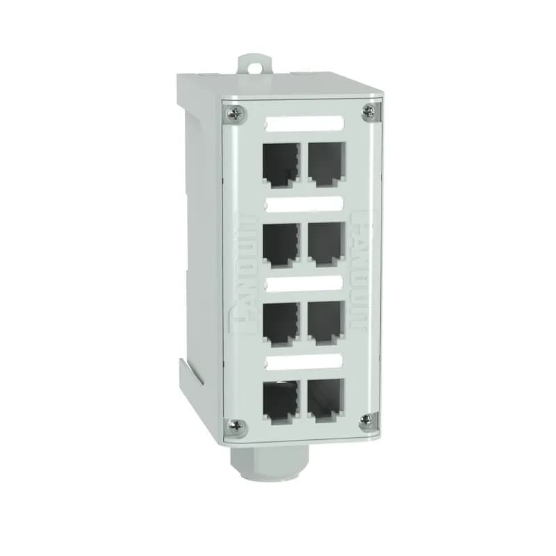 The IndustrialNet 8-port DIN Rail Fiber Optic Patch Panel provides fiber protection for terminated distribution style cabling. It can be mounted to a standard 35mm DIN rail and locked in place with adjustable latches, which are designed to allow it to mount on a flat surface. This DIN rail mount enclosure includes a PG21 or NPT cable cord grip to secure fiber cables exiting the enclosure. It features a removable faceplate with four label pockets, labels, and covers for port identification.
