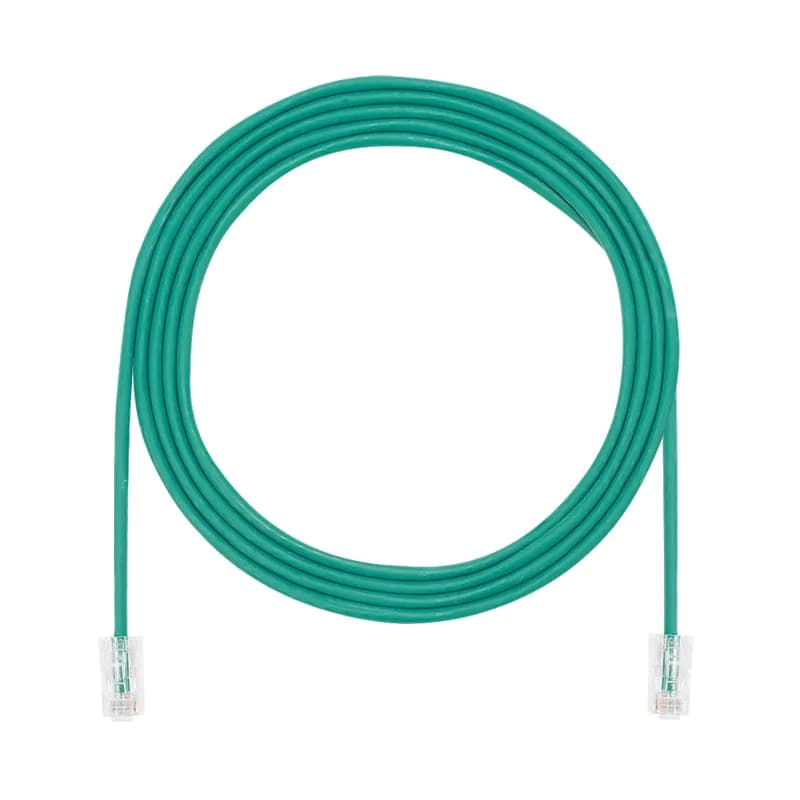 The TX5e Cat 5e UTP Patch Cord is a 1-Foot, 0.150-inch (3.8mm) diameter, Green cord constructed of 28 AWG, unshielded, twisted pair, stranded, CM cable with Pan-Plug modular plugs. Its compact 28 AWG design simplifies installation and management. The tangle-free latch prevents snags and ensures a fast release, streamlining moves, adds, and changes. Enabled with RapidID, the product has pre-installed barcodes for simple port mapping using RapidID software.