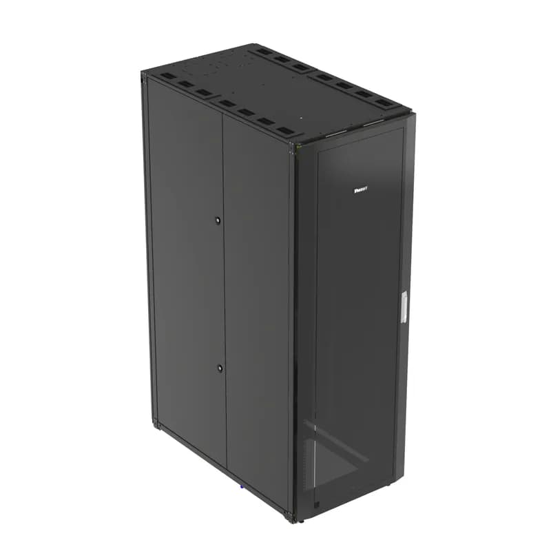 The Net-Access S-Type Server Cabinet is a 42 RU, 700mm W x 1200mm D cabinet. The front door is single-hinged and perforated. It features split perforated rear doors that open in the middle to minimize door swing footprint. This S-Type cabinet has two solid side panels. It includes casters, a set of PDU brackets, and two sets of cage nut equipment mounting rails. The cabinet is 79.8" H x 27.6" W x 48" D. It is made of powder-coated steel and is white.