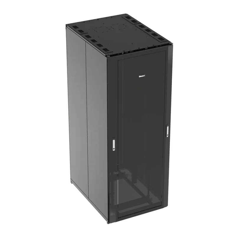 Panduit N8512BC - The Net-Access N-Type Network Cabinet is a 45 RU, 800mm W x 1070mm D cabinet. The front door is dual hinged perforated and opens to the left or right. It features split perforated rear doors that open in the middle to minimize door swing footprint. The cabinet has two solid side panels and two sets of cage nut equipment mounting rails. It includes two sets of SN25F fingers. The cabinet is 84" H x 31.5" W x 42" D. It is made of powder-coated steel and available in black.