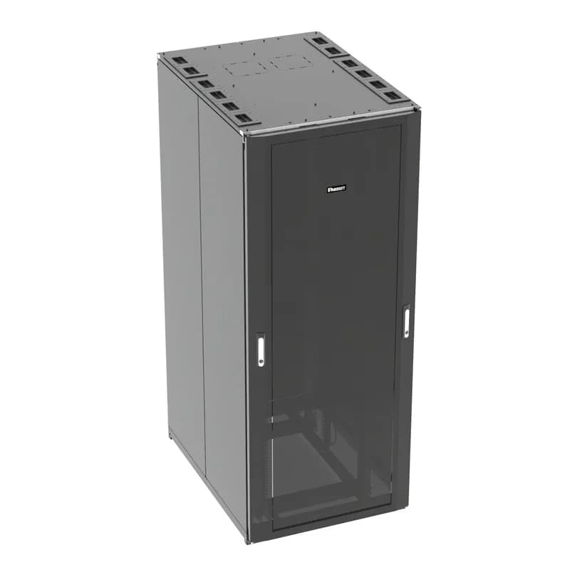 Panduit N8212BC - The Net-Access N-Type Network Cabinet is a 42 RU, 800mm W x 1070mm D cabinet. The front door is dual hinged perforated and opens to the left or right. It features split perforated rear doors that open in the middle to minimize door swing footprint. The cabinet has two solid side panels and two sets of cage nut equipment mounting rails. Ideal for housing 19" rack mounted network equipment. It is 78.8" H x 31.5" W x 42" D, is made of powder-coated steel and is black.