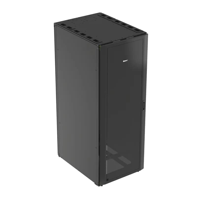 The Net-Access S-Type Server Cabinet is a 45 RU, 800mm W x 1070mm D cabinet. The front door is single hinged and perforated. It features split perforated rear doors that open in the middle to minimize door swing footprint. This S-Type cabinet has two solid side panels. It includes casters, a set of PDU brackets, and two sets of cage nut equipment mounting rails. The cabinet is 85" H x 31.5" W x 42" D. It is made of powder-coated steel and is black.
