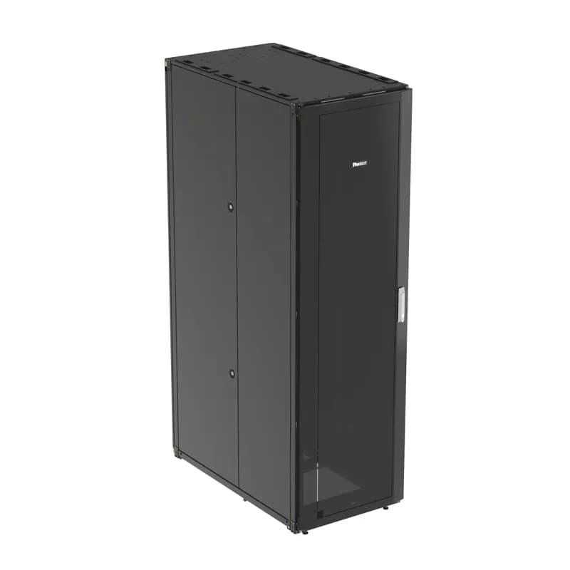 The Net-Access S-Type Server Cabinet is a 42 RU, 600mm W x 1070mm D cabinet. The front door is single-hinged and perforated. It features split perforated rear doors that open in the middle to minimize door swing footprint. The S-Type cabinet has two solid side panels and two sets of cage nut equipment mounting rails. It is ideal for housing 19" rack mounted server equipment. The cabinet is 79.8" H x 23.5" W x 42" D. It is made of powder-coated steel and is black.