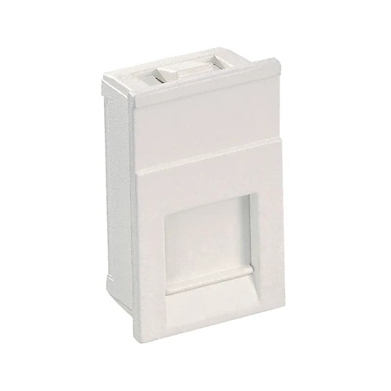 The Mini-Com Shuttered Adapter accepts one Mini-Com Module. The adapter snaps into a standard UK LJU6C opening (22.3mm x 36.9mm). The shuttered feature protects modules from dust and debris. The adapter can be identified with an adhesive label and is arctic white.