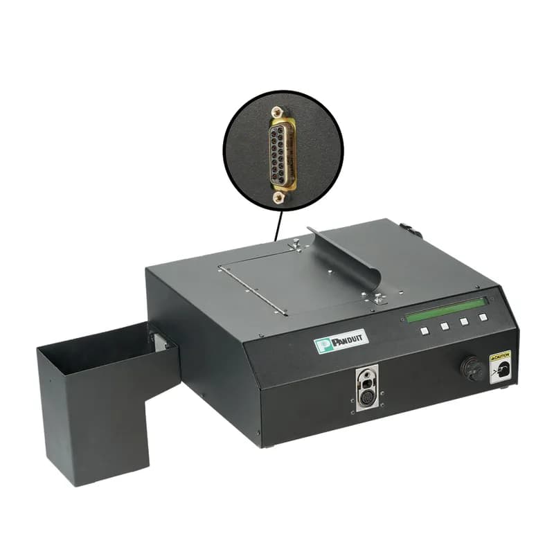 Electronic interface PDS using an input female port added to the unit; this port is a 15 pin D-sub and is located on the back side of the unit. Bin collector shown in the photo, attached to the side of the dispenser, is sold separately as included with the dispenser frame, not shown (part number PDSF).