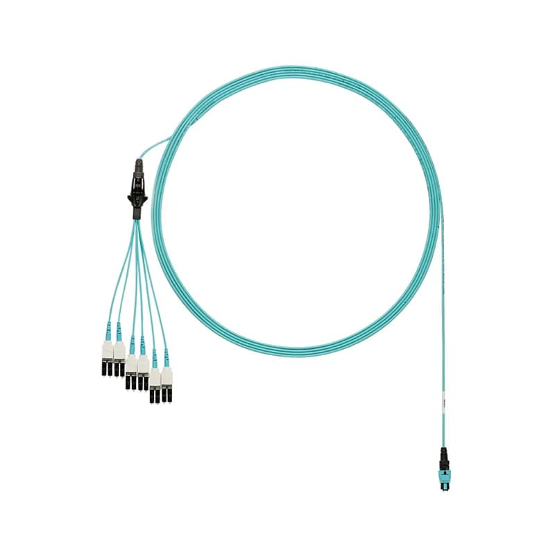 OM4 12-fiber round harness cable assembly, low smoke zero halogen (LSZH) rated, PanMPO Male to LC Uniboot, staggered pairs, 1 and 2 Longest, Std. IL. Aqua, 15 meters.
