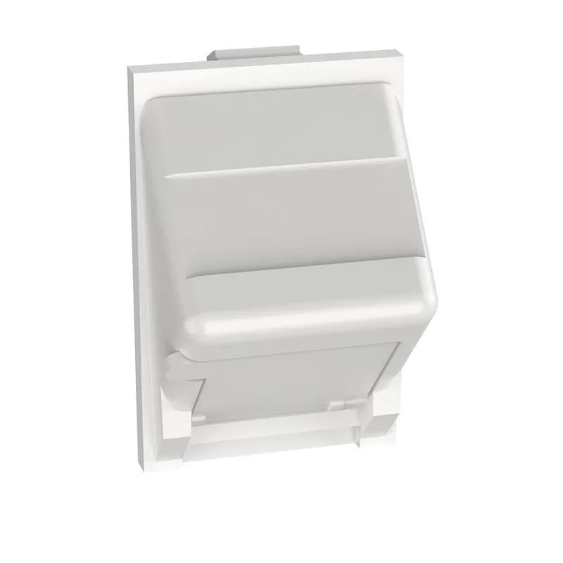 The Mini-Com Sloped Shuttered Adapter accepts one Mini-Com Module. The adapter snaps into a standard UK LJU6C opening (22.3mm x 36.9mm). The sloped design improves bend radius and the shuttered feature protects modules from dust and debris. The adapter can be identified with an adhesive label and is arctic white.