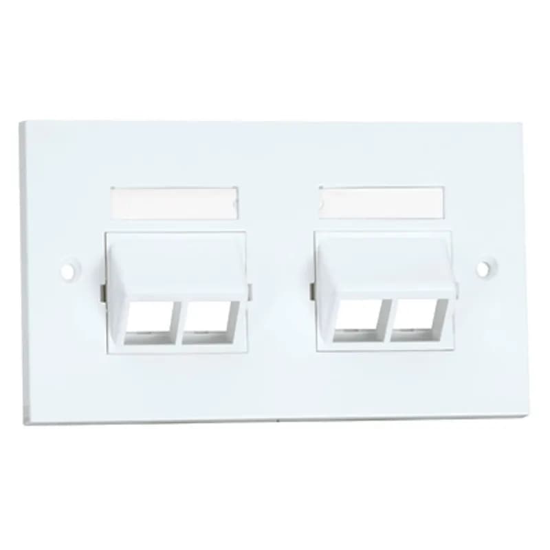 The NetKey 86mm x 146mm Faceplate accepts four keystone modules. The faceplate is sloped, includes a label pocket and icon slots for easy identification, and is arctic white.