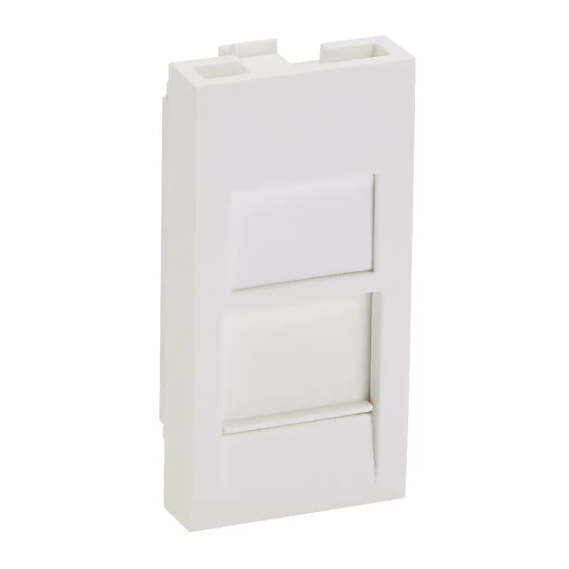 The Mini-Com Shuttered Adapter accepts one Mini-Com Module. The adapter snaps into a standard 22.5mm x 45mm opening. The shuttered feature protects modules from dust and debris. The adapter includes a label pocket for easy identification and is arctic white.