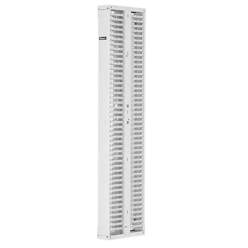 The PatchRunner 2 Vertical Cable Manager combines high-density capability and versatility, freeing up valuable floor space. The fully pre-assembled manager lowers overall costs. The dual-sided manager has a metal backbone with molded plastic fingers, and includes two full-length metal, dual-hinging, push-to-close doors. The manager is 45 RU, 6 inches wide, and is white.