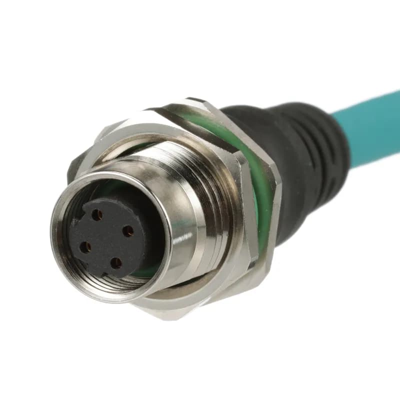 The IndustrialNet M12 X-Code Category 6A. Overmolded Cordset is preterminated with a female connector and a RJ45 plug. It is constructed of stranded, twisted pair cable for STP installations. The cordset is 600 V rated. The TPU jacket makes it suitable for high-flex applications for increased reliability. The cordset is 1 meter and teal.
