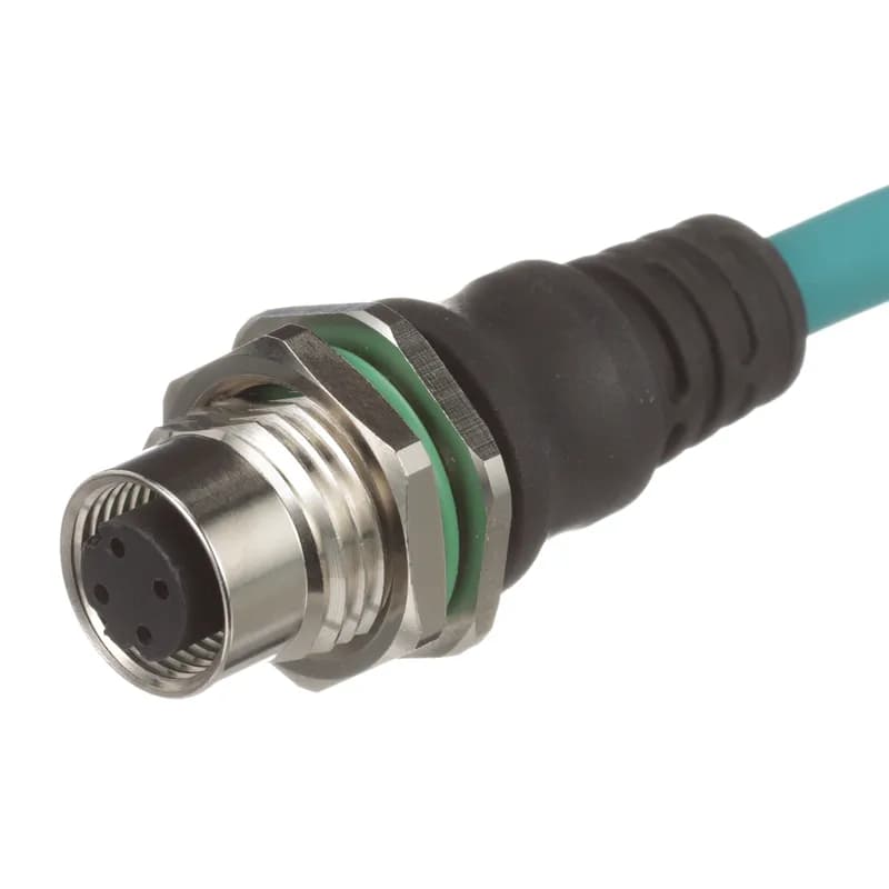 The IndustrialNet M12 D-Code Category 5e Overmolded Cordset is female bulkhead to RJ45 preterminated with straight connectors. It is constructed of stranded, twisted pair cable for STP installations. The cordset is 600 V rated. The TPU jacket makes it suitable for high-flex applications for increased reliability. The cordset is 0.5 meters and teal.