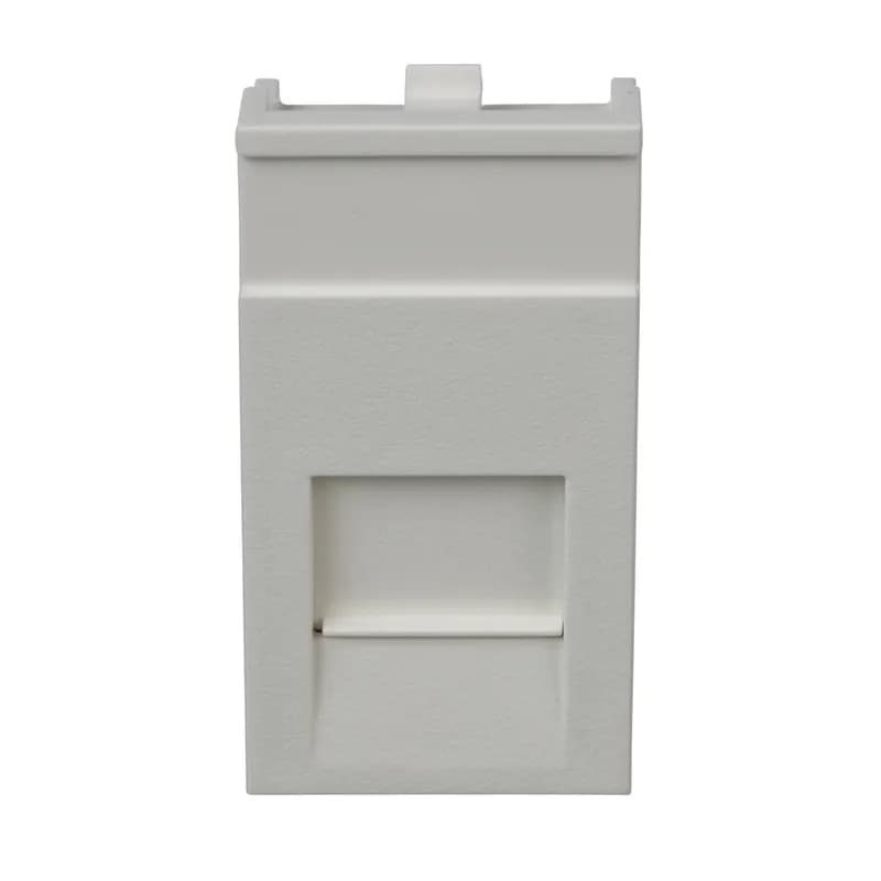 The Mini-Com Euro-mod adapter accepts one Mini-Com module. The adapter is shuttered to protect modules from dust and debris. It snaps into 25mm x 50mm openings, can be identified with adhesive label and is arctic white.